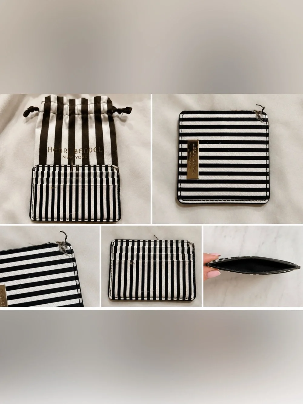 Henri Bendel Black & White Striped Card Holder with Dust Bag